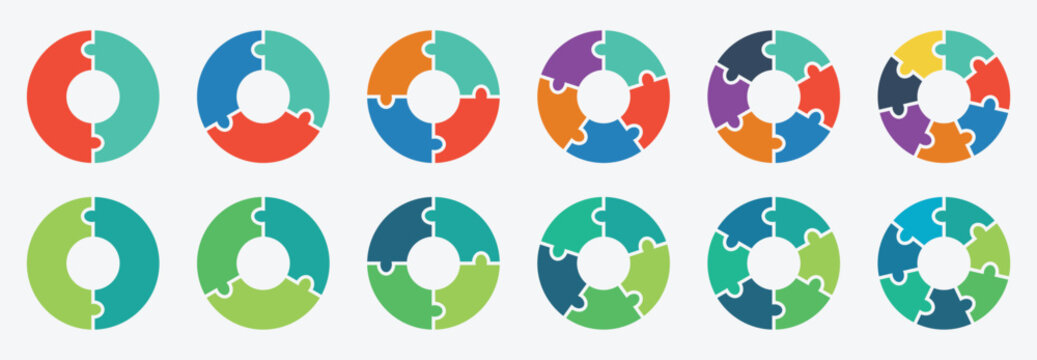 Colorful puzzle circle stages. Diagram infographic set. Circle vector 2, 3, 4, 5, 6, 7 parts. Colorful diagram template. Process, stages, segment or step. vector illustration. 
