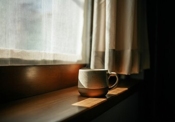 Steaming coffee mug on wooden windowsill in warm sunlight