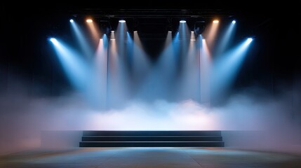 Dramatic Stage Lighting with Fog Effect in Empty Venue, Ideal for Performance, Concert, Theater, or Dance Presentation Background Scene