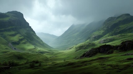 Fototapeta premium Serene Green Valley Amidst Misty Mountains Under Cloudy Sky, Enchanting Landscape Photography for Nature Lovers and Travel Enthusiasts