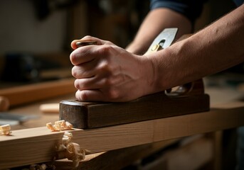Carpenter hand planing wood board close up