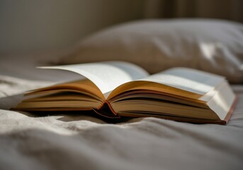Book pages turning in soft sunlight, reading and cozy slow morning concept