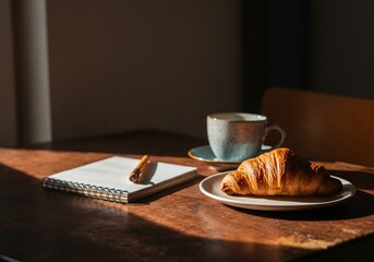 Croissant coffee and notebook on wooden table
