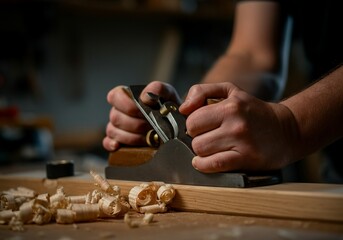 Carpenter hand planing wood board close up