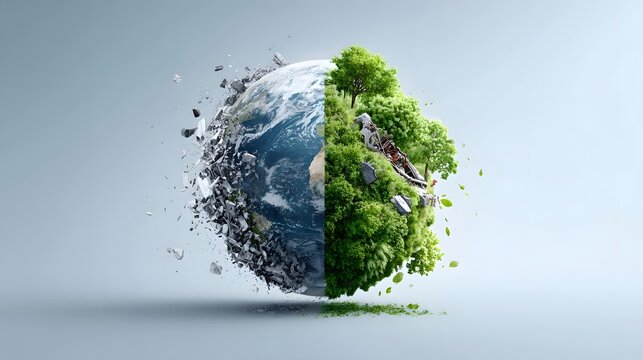 This conceptual image depicts the Earth divided with one hemisphere crumbling into debris and the other thriving with lush vegetation and trees