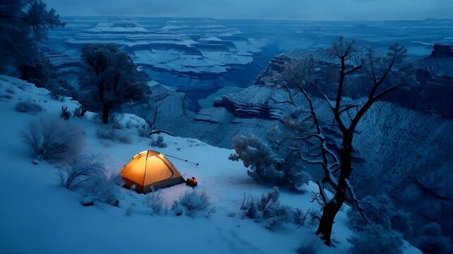 A vivid winter scene featuring a tent pitched in the snow with a view of the grand canyon in the background. The tent is illuminated, casting a warm orange glow on the snowy landscape.