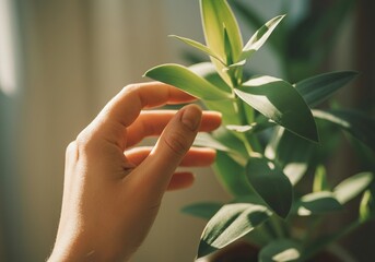 Female hand touching green plant leaves