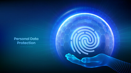 Personal data protection. Biometrics identification. Cyber security. Password control. Fingerprint icon inside transparent sphere shield with hexagon pattern in wireframe hand. Vector illustration.