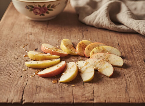 Close up of sliced apples drizzled with honey and sprinkled with cinnamon on a rustic wooden table with a floral bowl and linen napkin in the background - Powered by Adobe
