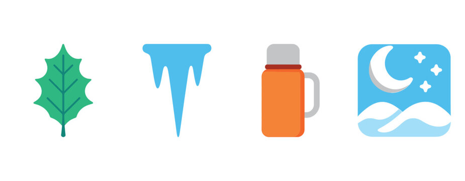Leaf, icicle, thermos, night landscape icons: nature and travel essentials