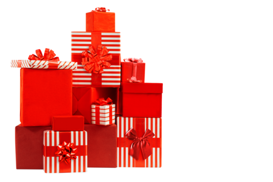 Christmas, New Year gift boxes for holidays promotions. Red and striped wrappers, lush bows on isolated background. - Powered by Adobe