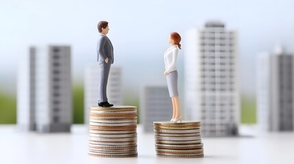 A visual metaphor depicting gender based financial disparity with miniature professionals standing on unequal coin stacks and modern urban architecture in the background