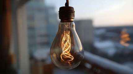 Vintage edison light bulb glows warmly against blurred background
