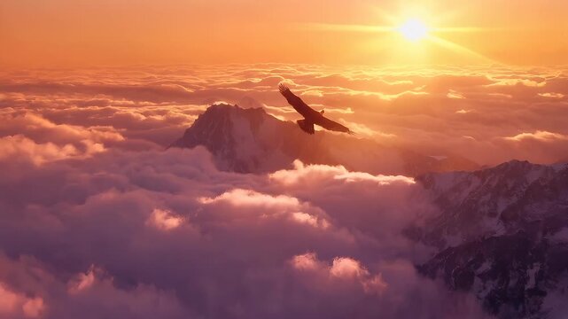A vivid portrayal of a majestic eagle soaring above a sea of clouds during sunset. The eagle is captured in a side profile, with its wings spread wide.