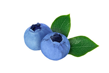 Two blueberries with green leaves on isolated transparent background for design. Ripe fresh juicy blue berries for cooking