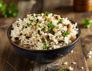 A close-up shot of a dark blue bowl filled with fluffy white rice and black-eyed peas, garnished with fresh green parsley, sitting on a rustic wooden table.