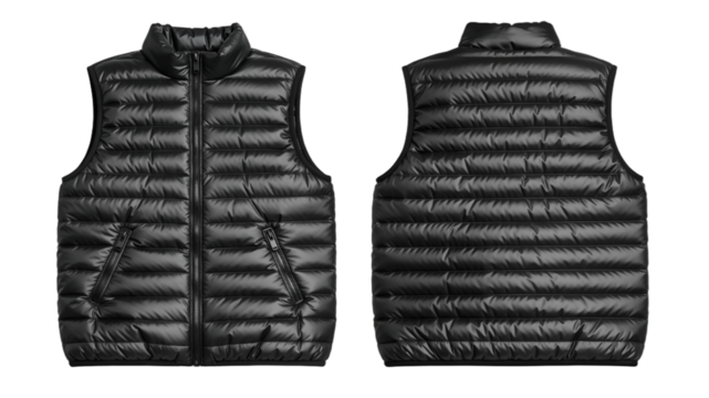 Black puffer vest mockup, front and back view, sleeveless jacket. Isolated on transparent background