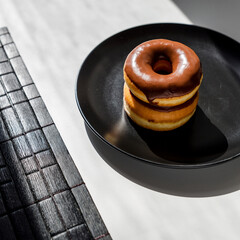 Fototapeta premium Stack of Two Mini Chocolate Glazed Donuts on a Black Plate