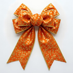 A bow made of orange and gold fabric for decoration Christmas tree on white background