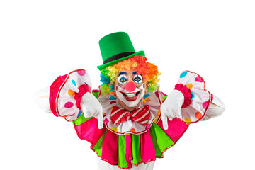 A funny clown pointing down at a blank sign template mock-up for advertising, posters, greetings, and invitations. Entertainer as Joker in a suit and wig, with clown whiteface makeup.