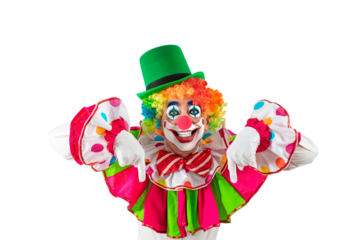 A funny clown pointing down at a blank sign template mock-up for advertising, posters, greetings, and invitations. Entertainer as Joker in a suit and wig, with clown whiteface makeup.