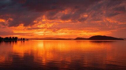 Obraz premium Stunning Sunset Over Tranquil Lake with Vibrant Orange and Yellow Skies Reflecting on Calm Waters Surrounded by Lush Hills and Trees