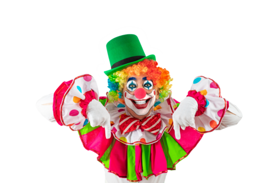 A funny clown pointing down at a blank sign template mock-up for advertising, posters, greetings, and invitations. Entertainer as Joker in a suit and wig, with clown whiteface makeup.