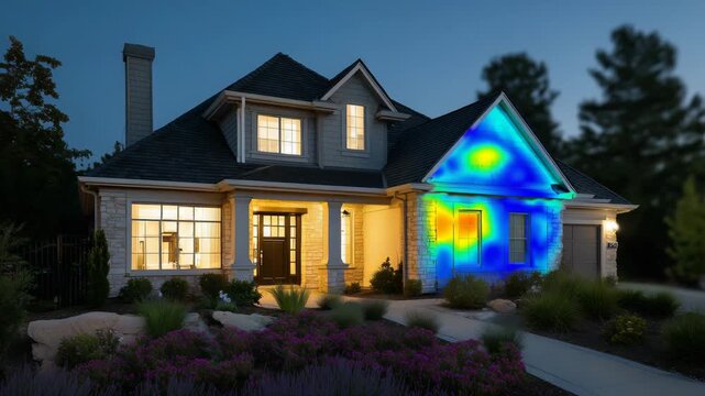 87Infrared thermal scanner targeting residential house at twilight, warm orange heat zones contrasting against cool blue tones on the screen