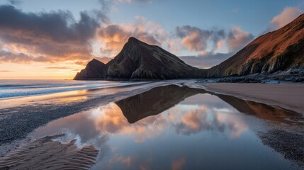 Obraz premium Breathtaking sunset landscape over a tranquil beach reflecting mountains and colorful clouds in serene natural scenery at low tide