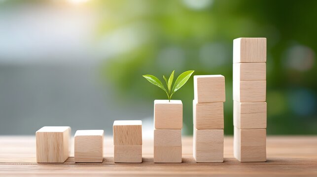 Conceptual image of a plant emerging from wooden blocks arranged in an upward trend representing business growth financial progress and sustainable development