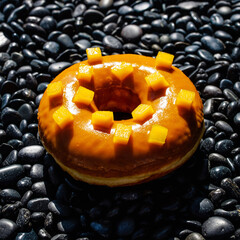 Fototapeta premium Golden Mango Glazed Donut with Fresh Cubes on Black River Pebbles