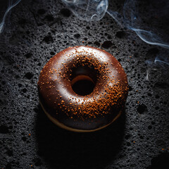 Fototapeta premium Dark Chocolate Donut with Smoke and Glaze Drizzle on Textured Surface