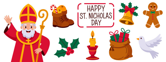 St. Nicholas with bishop’s staff and mitre, boots with candy and oranges, bell with holly, gingerbread cookie, candle, gift sack, dove, festive holiday clipart set
