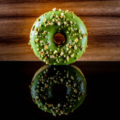 Obraz premium Vibrant Green Pistachio Donut with Reflection on Dark Glossy Surface