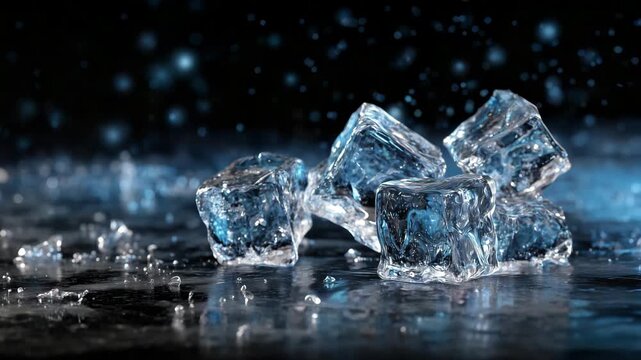 93Exploding ice cubes breaking apart into sharp crystalline shards over a reflective black surface, fragments sparkling under dramatic lighting