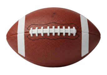 American football isolated PNG, brown leather ball with white stripes for sports equipment and game day designs on transparent background