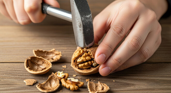 Here's a picture of a walnut shell being cracked using a hammer.