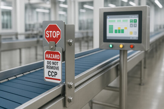 Clean factory conveyor belt with an automated monitoring control panel. red stop sign and hazard tag mark critical control point CCP for safety and quality control