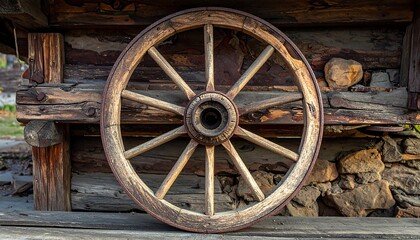 Rustic Wooden Wheel Against Weathered Barn Wall.