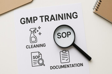 Focused flat lay of GMP training material covering compliance. magnifying glass highlights SOP, with icons for cleaning and documentation, emphasizing quality control