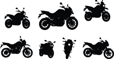Motorcycle silhouettes, black motorbike icons, side and front views, vector illustration, bike comparison, transport graphic, motorcycle design, riderless bikes