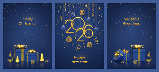 Christmas card set. Happy New Year 2026. Hanging Golden metallic numbers 2026 with stars, ball baubles on blue background. Gift boxes with golden bows, snowflakes, gold fir trees. Vector illustration.