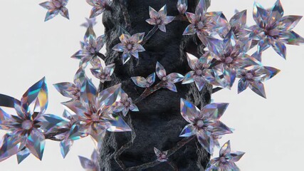 Iridescent crystalline blossoms clinging to a dark textured pillar on a white background - Powered by Adobe