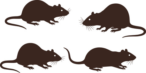 Rat silhouettes, rodent illustration, dark brown rats, side profile, long tail, whiskers, animal graphic, pest control, wildlife icon, vector rodents