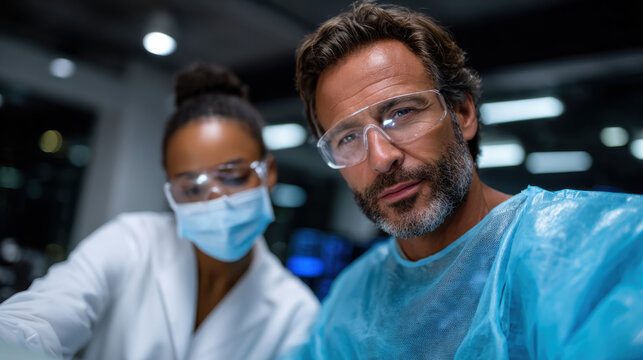 A focused male medical professional works with a female colleague in a medical setting, emphasizing teamwork and dedication in providing patient care during late hours.
