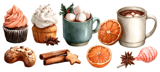 Set of watercolor christmas food elements. Cupcake, donut, mug of cocoa with marshmallows, ginger cookie, dried orange, star anise and lollipop.
