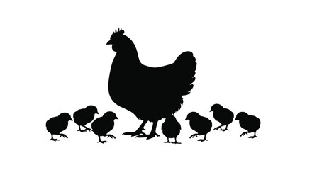 A hen with her chicks shown in a simple black silhouette design