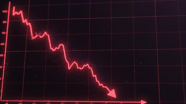 Stock market decline graph with red glowing line and arrow showing sharp downward trend on dark grid background symbolizing financial loss economic downturn and data instability visualization