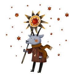 Goat and Slavic orthodox christmas star Malanka vertep carols and carolers on koliyadi Christmas in Ukraine. Children congratulations Merry Christmas in winter village. Hand drawn illustration.