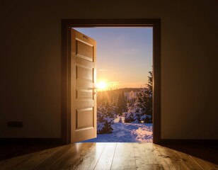 Open wooden door revealing a beautiful snowy winter landscape with a bright sunrise or sunset in the distance, casting a warm glow.